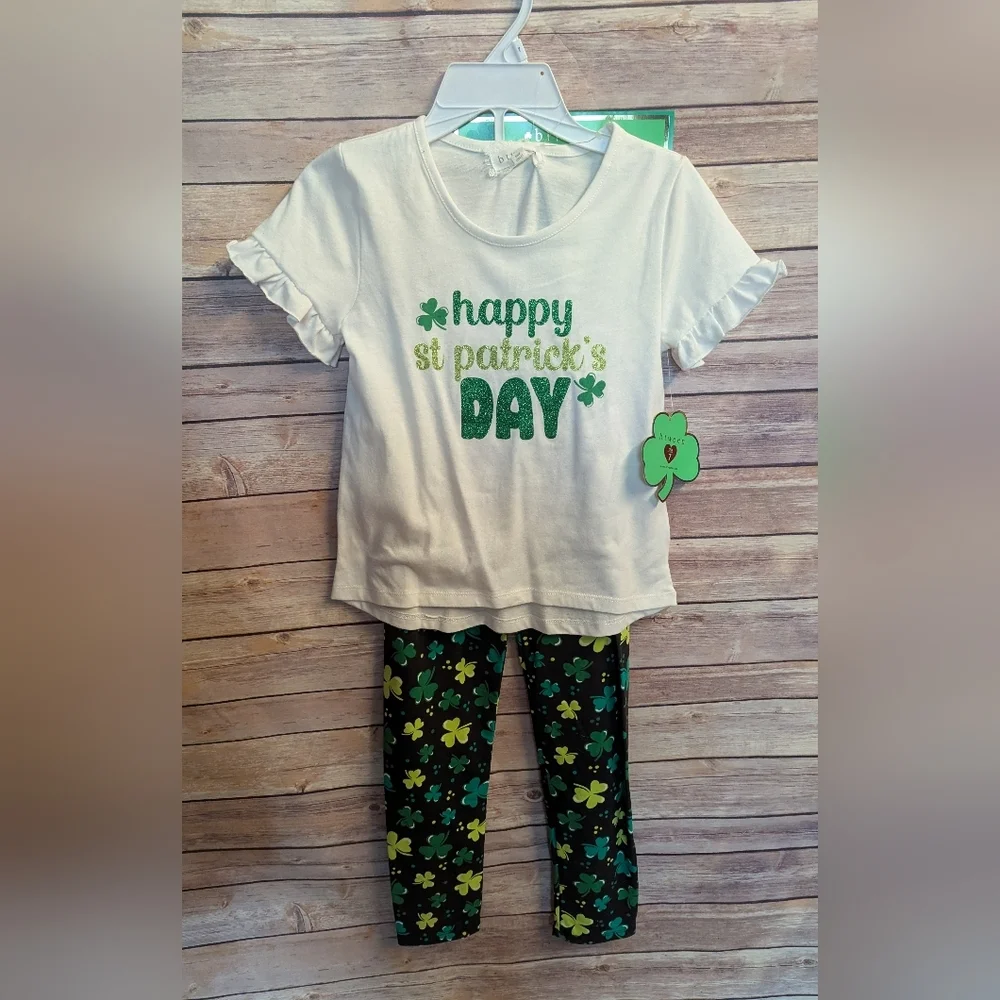 St. Patrick's Day Glitter Top  with Shamrock Leggings And Headband Kids Size 7 - Picture 2 of 6
